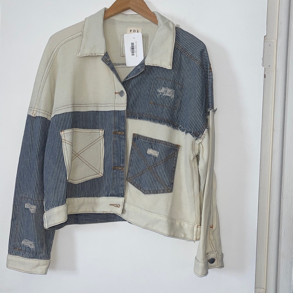 POL Ivory Multi Pinstripe Oversized Distressed Patchwork Jacket small NWT - Picture 2 of 7